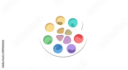 White plastic artist's palette with dabs of different colorful paints representing creativity, artistic expression, and hobby painting.
