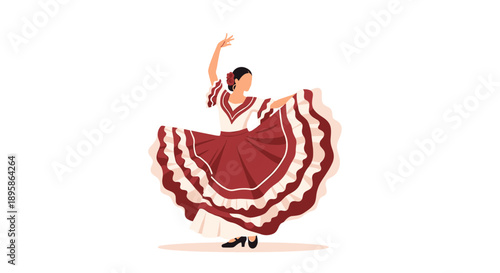 Dynamic flamenco dancer performing a passionate routine with a wide swirling red and white dress representing traditional folk art.