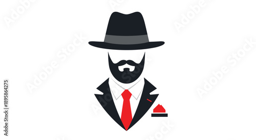 Sophisticated gentleman character design featuring a black hat, well-groomed beard, dark suit, and a bright red tie with pocket square.