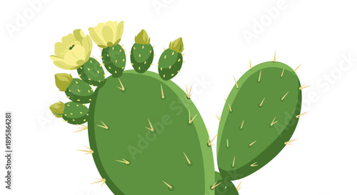Close up of a green prickly pear cactus with beautiful blooming yellow flowers and sharp spines in its natural desert habitat.