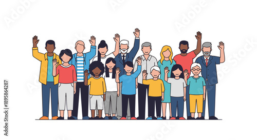 Large group of diverse people of all ages and backgrounds waving their hands together representing community unity and a warm welcome.