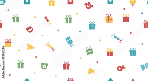 Colorful flat design pattern of small gift boxes, candies, and playful icons on white background.