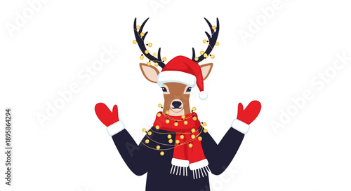 Cartoon reindeer wearing a Santa hat, a red scarf with lights, and red mittens celebrates the Christmas season with a happy look.