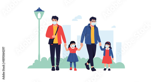 Family with two fathers and two daughters walking together in an urban park setting while wearing protective face masks for safety.