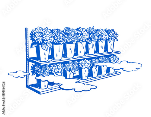 Blue flowers on shelf illustration, floral shop display, vintage linocut style, roses, hydrangeas, garden market, potted plants, spring botany, drawing