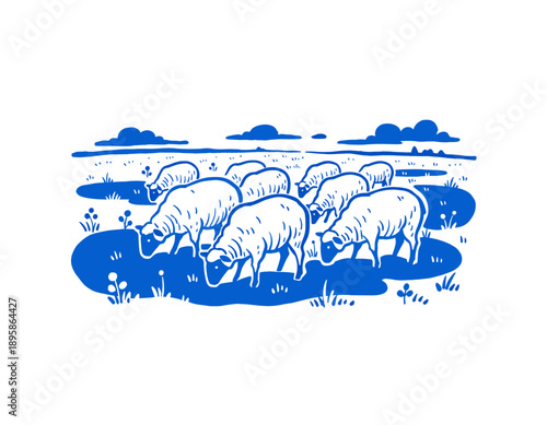 Sheep herd illustration, vintage farm life, linocut style sheep flock grazing meadow, blue white dutch design, pastoral drawing, rustic nature, livestock logo