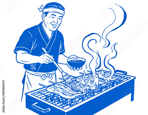 Japanese chef grilling unagi, yakitori, retro illustration, smiling man cooking traditional Asian food, barbecue, restaurant logo design, vintage artwork, BBQ, shokunin