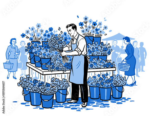 Florist arranging flowers at market stall, vintage illustration, mid-century art, flower vendor, retro style, shopping, 1950s people, blue color palette, retail business, open air market