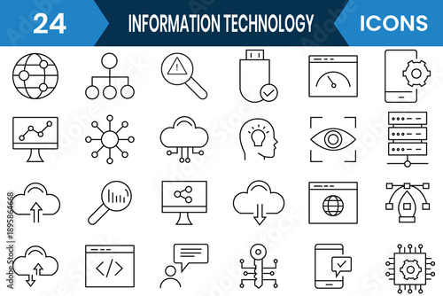 Information Technology icon set. Line icon of cloud computing, website, internet computer, cloud technology, digital service, online computer and programming. Vector Illustration.