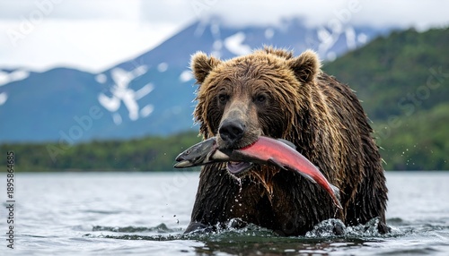 Brown bear wading in water, holding a bright red fish in its mouth with snowy mountains in the background