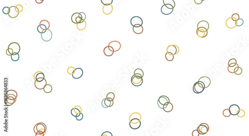 Repeating pattern of small, overlapping abstract rings in yellow, blue, and brown on a white background