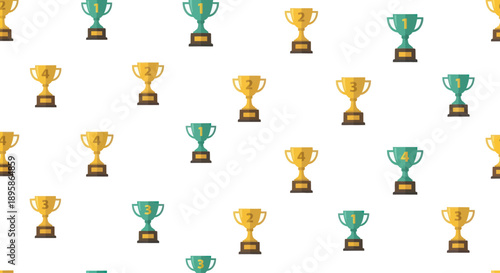 Repeating pattern of gold and green trophies with numbers 1, 2, 3, and 4 on a white background.