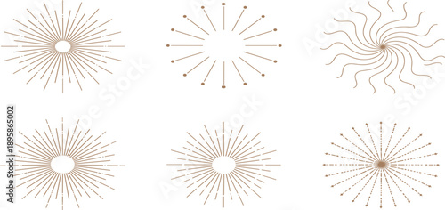 Abstract Sunburst and Radiant Line Design Set with Vintage Starburst Shapes, Decorative Circular Elements, Minimal Geometric Patterns, and Elegant Vector Ornaments