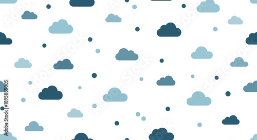 Flat design pattern of scattered blue clouds and dots on white background