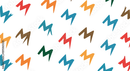 Abstract geometric shapes pattern, colorful 'M' like symbols on white background, graphic design.