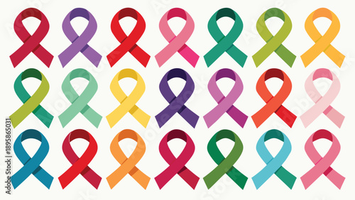 Collection of vibrant awareness ribbon icons in multiple colors on white background.eps