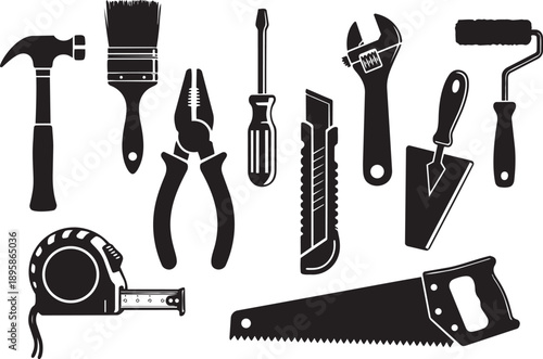 Hand tools and construction equipment silhouette icon set