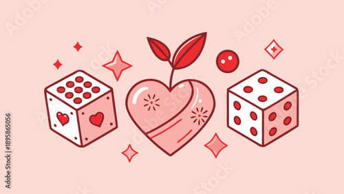 Retro old school tattoo flash art featuring a romantic heart and gambling dice in pink and red tones..eps