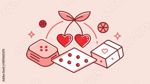 Vintage traditional tattoo style illustration of a red heart and dice with sparkles on pink background..eps