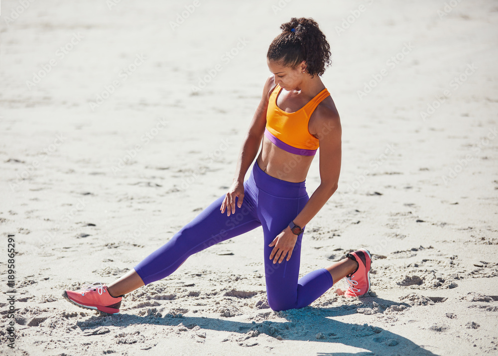Fototapeta premium Fitness, warm up or athlete on sand with stretching, leg mobility or injury prevention in physical activity. Ready, wellness or woman outdoor with start, thigh or muscle improvement in preparation.
