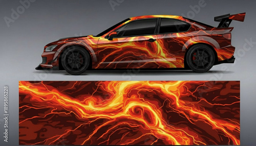 Sports car with a vibrant fiery lava-like graphic wrap design, showcasing an intense orange and red energy pattern.