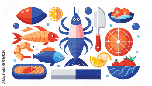 Fresh seafood collection for restaurant menu design, featuring fish fillets, shellfish, and gourmet cutting boards.eps