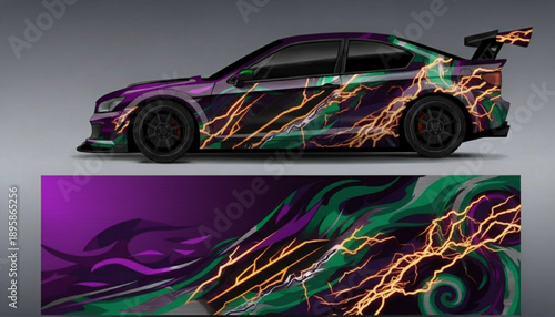 Custom car wrap design with vibrant purple, green, and golden lightning bolt patterns on a black sports car.
