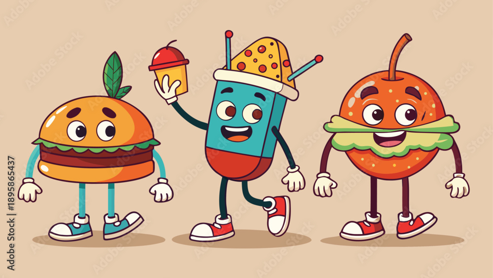 Fototapeta premium Retro cartoon fast food characters in vintage rubber hose style.eps