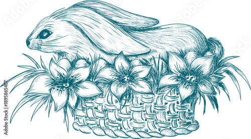 Bunny in the basket with flowers. Hand drawn vintage decoration element. Vector ink outline easter sketch illustration.