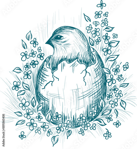 Chicken in the egg and flowers. Hand drawn vintage decoration element. Vector ink outline easter sketch illustration.