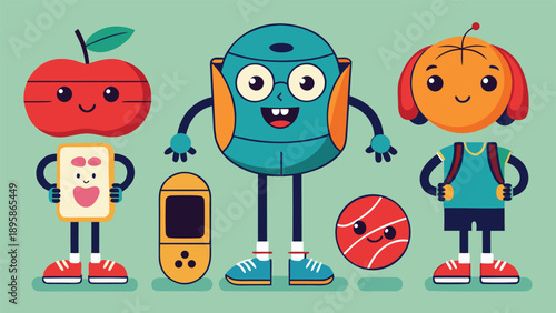 Back to school vector illustration with cute anthropomorphic stationery mascots, groovy 90s style school supplies.eps