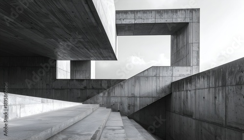 Brutalist concrete building with geometric shapes and open sky, stairs and layers, rendered in grayscale