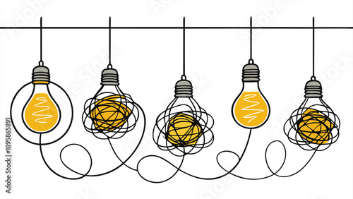 Creative Process Concept Tangled Messy Line Transforming into a Glowing Light Bulb Symbolizing Clarity and Innovation.eps