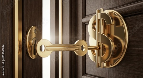 Golden dollar sign doorknob unlocks dark wood door, concept image