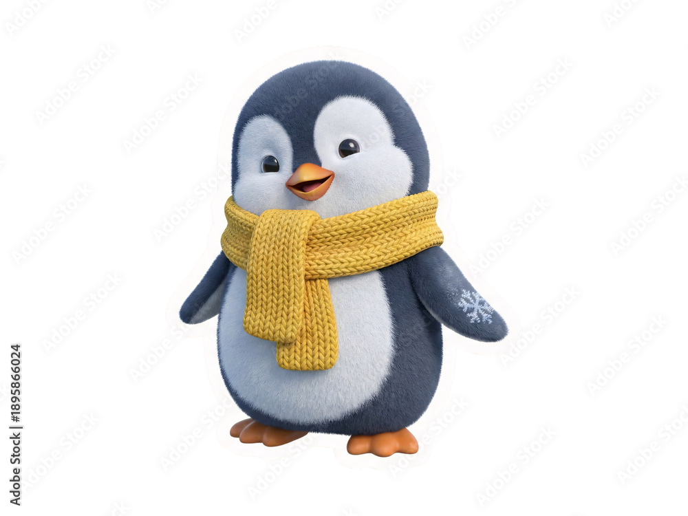 Fototapeta premium An adorable fluffy baby penguin character wearing a cozy yellow knitted winter scarf, isolated on a transparent background.