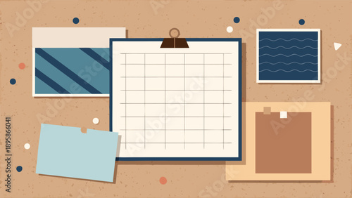 Moodboard template. Photo frames, film strips, blank note papers, and tapes pinned to a cork board..eps