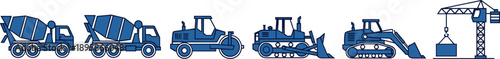 Construction machinery icons set, concrete mixer roller bulldozer excavator crane, heavy equipment collection, industrial transport, isolated flat vector