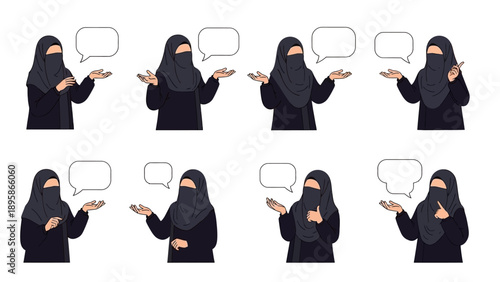 Diverse niqab woman gestures with speech bubbles for global communication
