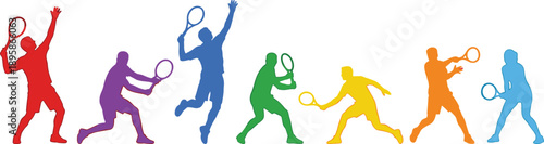 Colorful tennis player silhouette set, racket sport action poses, dynamic athletic motion, training competition concept, isolated vector illustration