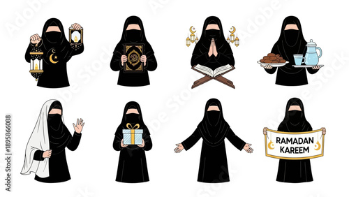 Muslim woman in various Ramadan activities with lanterns and gifts
