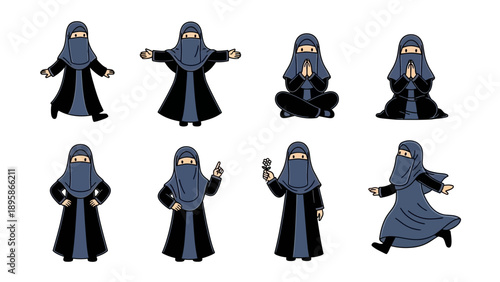 Muslim woman in niqab showing various emotions and actions