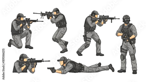 Soldiers in tactical gear with guns in various combat positions