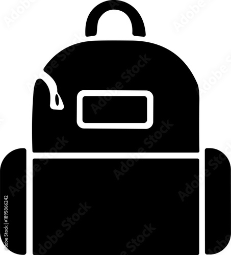 Black backpack icon with top handle, front pocket, and side compartments for school, travel, and gear design content