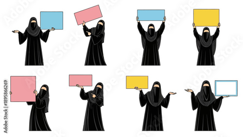 Diverse group of women in traditional Middle Eastern attire holding blank signs for customization