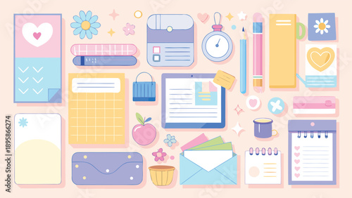 Cute paper notes. Kawaii memo stickers, scrapbook elements, washi tape, push pins and paper clips. Vector set.eps