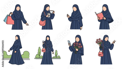Muslim woman in modern daily life activities wearing hijab