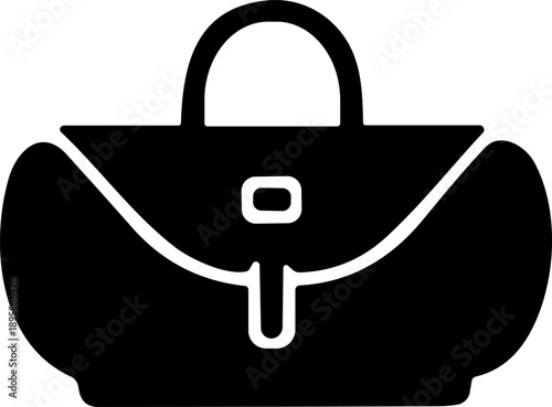 Black handbag icon with rounded body, flap closure, top handle, and clasp detail for fashion and accessory design content