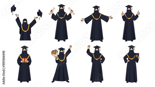 Muslim woman in graduation gown and hijab celebrating with various happy expressions