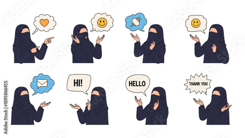 Woman in niqab discussing ideas with thought bubbles and speech bubbles