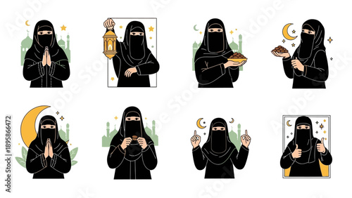 Muslim woman in various Ramadan scenes with prayers, food, and lantern